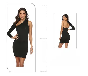 Detail of black one-shoulder slim fit dress featuring asymmetric sleeve and cutout back