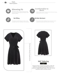 Vue avant et arrière d'une robe noire à col en V et manches courtes avec ceinture à nouer