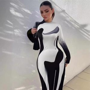 Slim fit long sleeve dress featuring abstract black and white body silhouette print