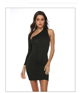 Detail of black one-shoulder mini dress featuring an asymmetrical long sleeve design