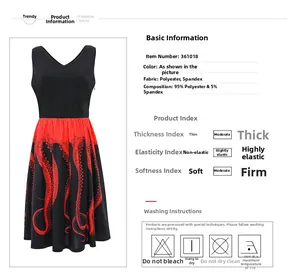 Detail view of octopus print dress with 95% polyester and 5% spandex fabric info