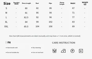 Tableau des tailles détaillé pour robe imprimée sans manches montrant les mesures S-XXL