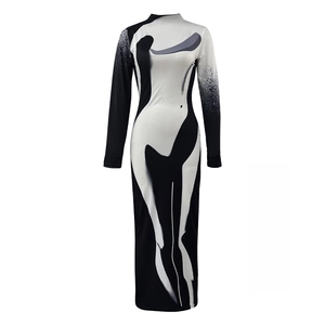 Slim fit long sleeve dress with body contour print in monochrome black and white