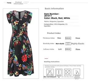 Composition détaillée du tissu avec 95% polyester et 5% élasthanne pour robe fleurie