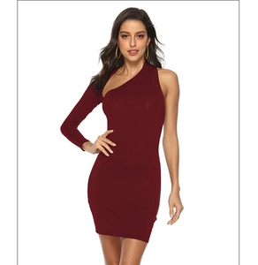 Detail of burgundy one-shoulder bodycon dress with asymmetrical long sleeve design