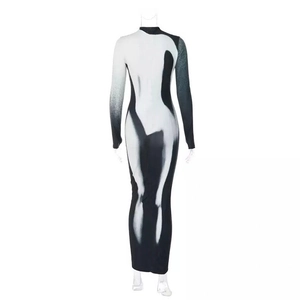 Slim fit long sleeve bodycon dress with black and white artistic digital print design