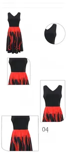 Detail view of V-neckline and digital octopus print on black and red sleeveless dress