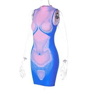 Detail of slim fit bodycon dress with vibrant thermal body map 3D print pattern