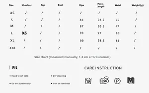 Size chart for high waisted yoga leggings showing hip, waist and length measurements