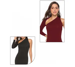 Detailed close-up of asymmetrical one-shoulder neckline and slimming waist design
