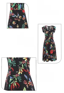 Détails du col en V et de l'imprimé floral tropical sur une robe d'été noire trapèze