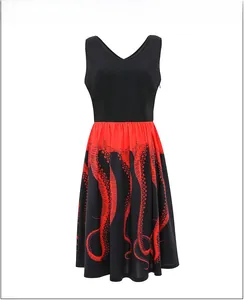 Detail of V-neck sleeveless dress featuring a red octopus tentacle print and slim waist