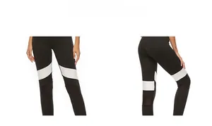 Detailed macro view of color-block paneling and breathable mesh on yoga leggings