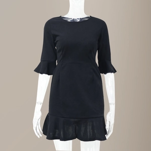 Women Solid Color Ruffle Sleeve Dress Round Neck Trumpet Sleeve Slim Fit Midi Dress Ruffle Hem Elegant Office Party Dress