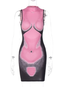 Detail of body contour 3D print on sleeveless mini dress with pink and black thermal pattern