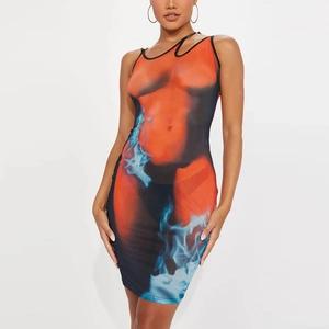 Robe Moulante Sexy Femme Imprimé Thermique 3D Sans Manches Découpe Dos Nu Été Fête Clubwear Streetwear