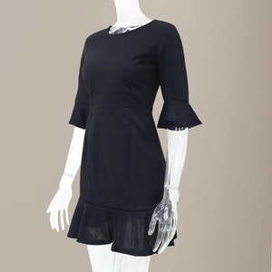 Elegant black short dress with ruffle flare sleeves and tiered hemline for women