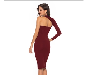 Detail of burgundy one-shoulder midi dress featuring long sleeve and slim fit design