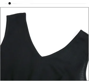 Close-up of black V-neck sleeveless dress featuring clean double-needle edge stitching