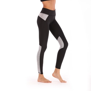 Women high waist yoga leggings with grey patchwork design in black moisture wicking fabric