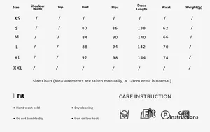 Size chart and care instructions for floral V-neck backless slit dress, detail measurements