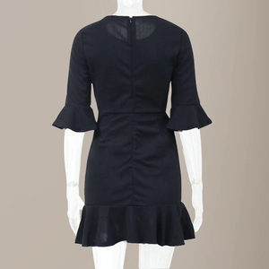 Elegant black fitted dress featuring flared ruffle sleeves and back zipper closure details