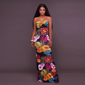 Floral print backless V-neck slit maxi dress with tropical flower patterns for women