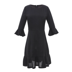 Elegant black mid-length dress with ruffled bell sleeves and slim fit waist design
