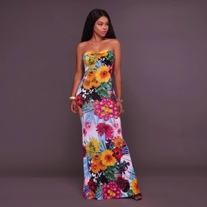 Floral print V-neck backless maxi dress with side split for women in tropical colors