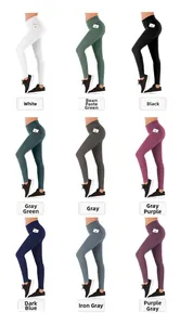 Collage of high-waisted yoga leggings with side pockets in nine assorted colors