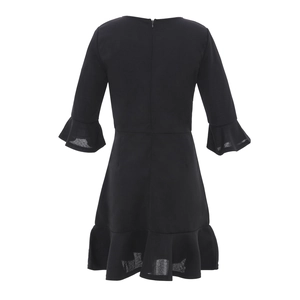 Elegant black ruffle dress for women with bell sleeves and tailored back zipper design