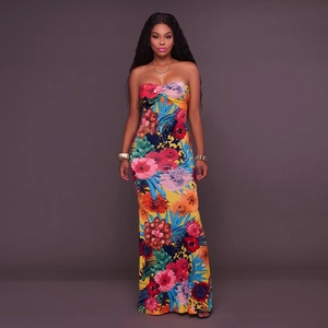 Women's floral print V-neck backless maxi dress with side slit and slim fit style