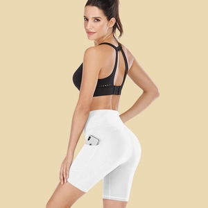 Women High Waist Yoga Shorts With Side Pockets Solid Color Gym Workout Biker Shorts Breathable Polyester Sports Leggings