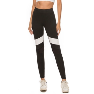 Women's high waist yoga leggings with white color-block and mesh patchwork detail