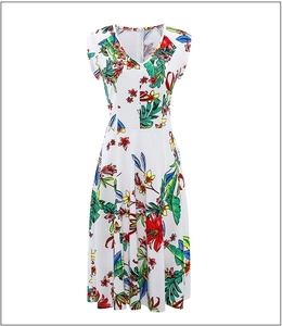 Vue détaillée d'une robe fleurie pour femme à col en V avec imprimé floral tropical