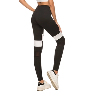 Women's high waist mesh patchwork yoga leggings in black and white color block