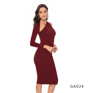 Elegant one-shoulder long sleeve burgundy midi dress in a slim fit silhouette