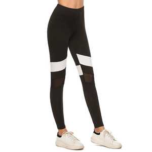 Women's high-stretch yoga leggings with white contrast stripes and black mesh patchwork detail