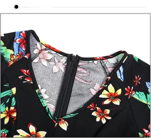 Détail de l'encolure en V et de la fermeture éclair invisible sur la robe à imprimé floral