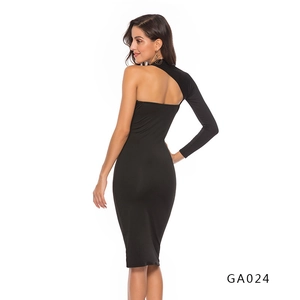 Elegant one shoulder black bodycon midi dress with cutout back and long sleeve detail