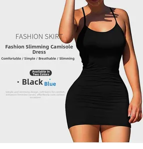 Detail showing the elastic slim-fit fabric and thin straps of this black mini dress
