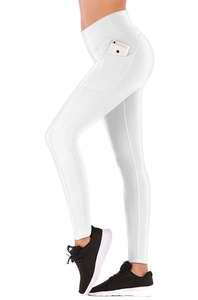 Detail of high waist yoga leggings showing a side pocket for phone storage on white fabric