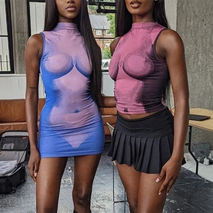 Women's Sexy 3D Optical Illusion Body Contour Print Mini Dress Sleeveless Slim Fit Stretchy Bodycon Party Clubwear Dress