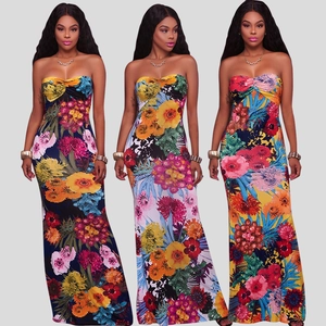 Women Sexy Floral Print Tube Top Backless Maxi Dress Slim Fit Bodycon Slit Summer Vacation Beach Strapless Long Dress