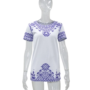 Ethnic blue mandala print loose white short-sleeved mini dress with round neck