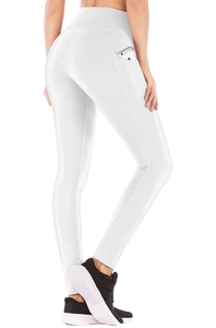 Close-up of high waist yoga leggings with side pocket holding a smartphone