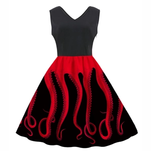 Vintage sleeveless V-neck dress featuring a black bodice and red octopus tentacle print