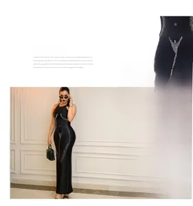 Detail of black bodycon dress featuring white rhinestone curves and premium fabric texture