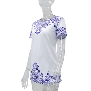Ethnic blue floral print white short sleeve loose dress for women with round neck design