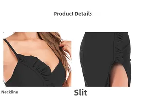 Detail view of the black V-neck dress featuring ruffle neckline and sexy side slit design